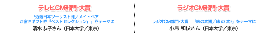 テレビCM部門・大賞「近畿日本ツーリスト(株)/メイトペアご宿泊ギフト券『ベストセレクション』」をテーマに清水 恭子さん(日本大学/東京)/ラジオCM部門・大賞 「味の素(株)/味 の 素(R)」をテーマに小島 和俊 さん(日本大学/東京)